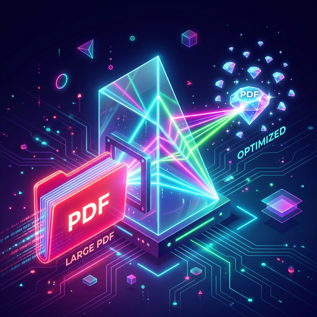 Futuristic illustration of a large PDF file transforming into a small optimized diamond, representing compression