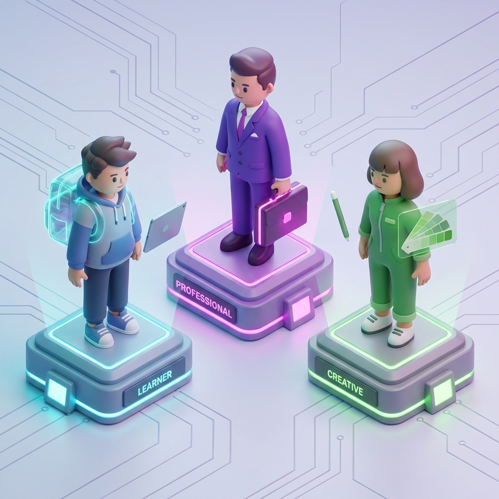 3D illustration of student, professional, and designer personas