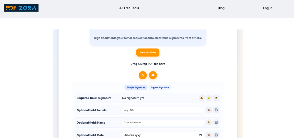Upload Interface for Sign PDF