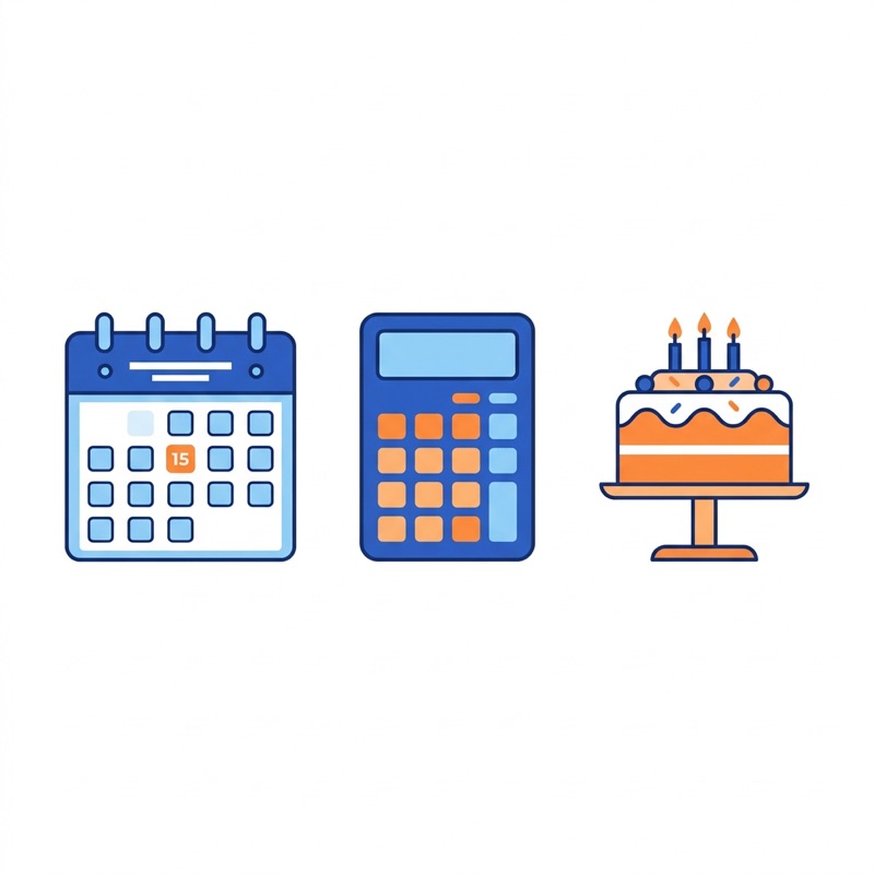 Flat vector illustration of a calendar, calculator, and birthday cake