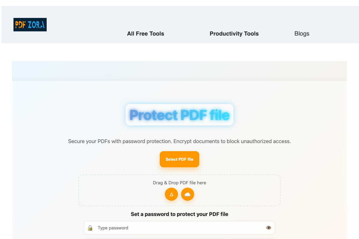 Screenshot of the PDFZora Protect PDF upload interface