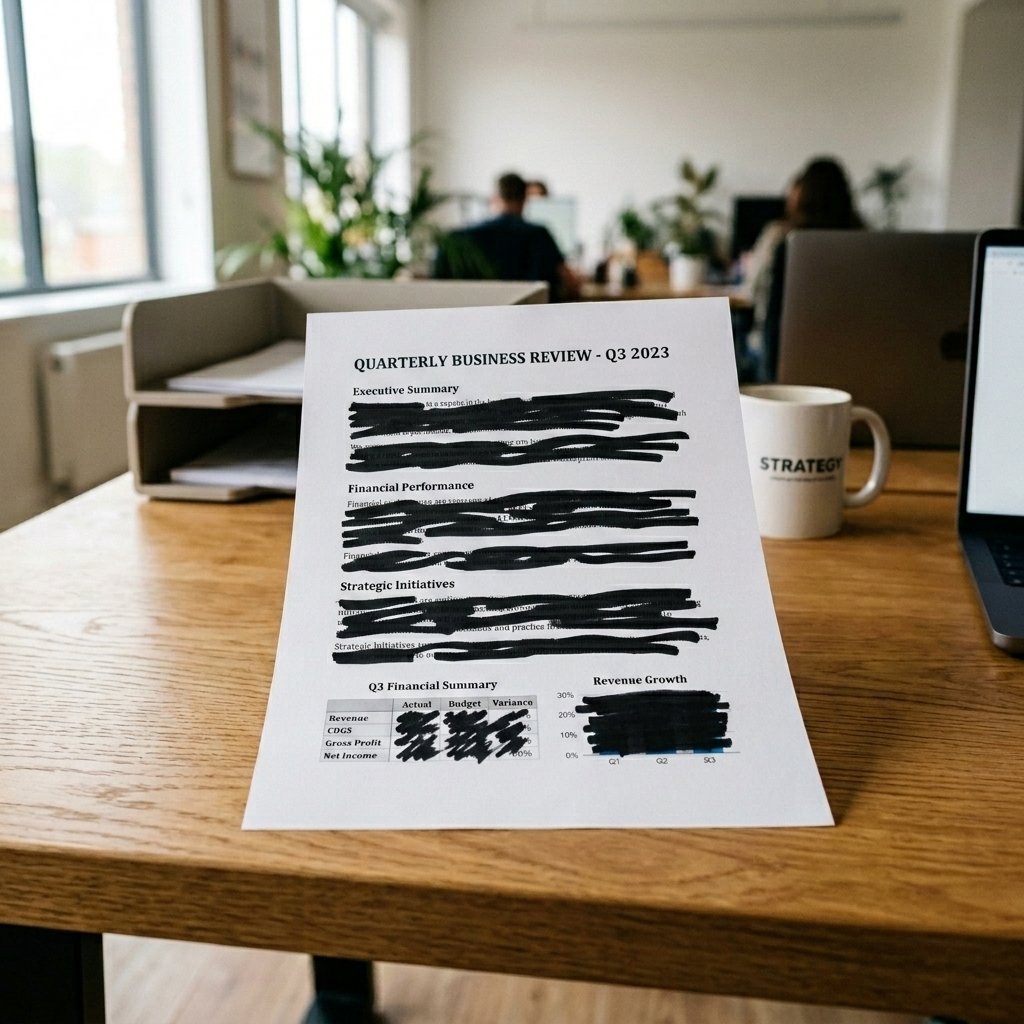 Document with sensitive data redacted with thick black marker lines.