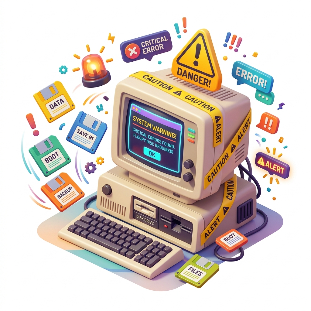 3D illustration of a retro bulky computer with floppy disks and warning signs