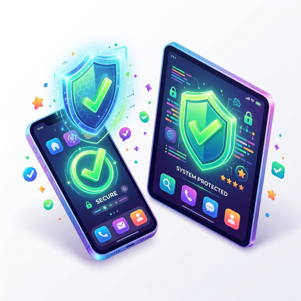 3D illustration of a modern smartphone and tablet with green digital security shields