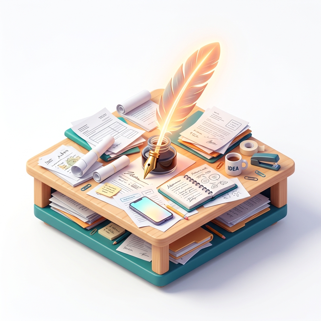3D illustration of a messy desk with wet ink pen and scattered papers