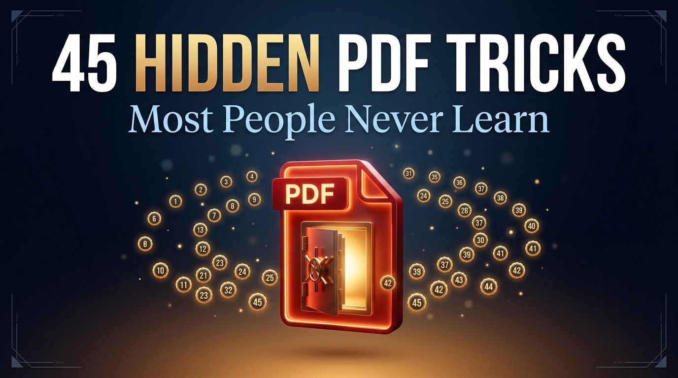 45 Hidden PDF Tricks Most People Never Learn – hero illustration showing PDF document with lock, key and floating tool icons on dark blue background