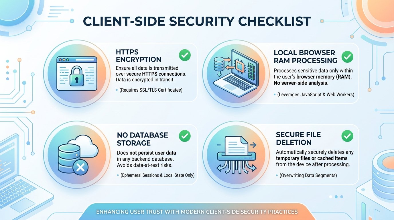 Is it safe to upload PDFs online? A Real Answer – security checklist diagram illustrating localized client-side sandbox processing
