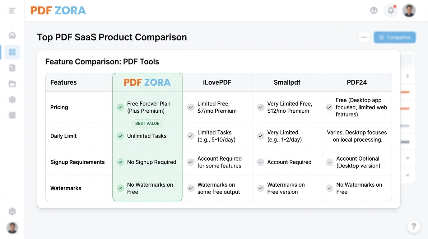 PDFZora vs iLovePDF vs Smallpdf vs PDF24 – Free PDF Tools Comparison screenshot showing the detailed feature comparison table