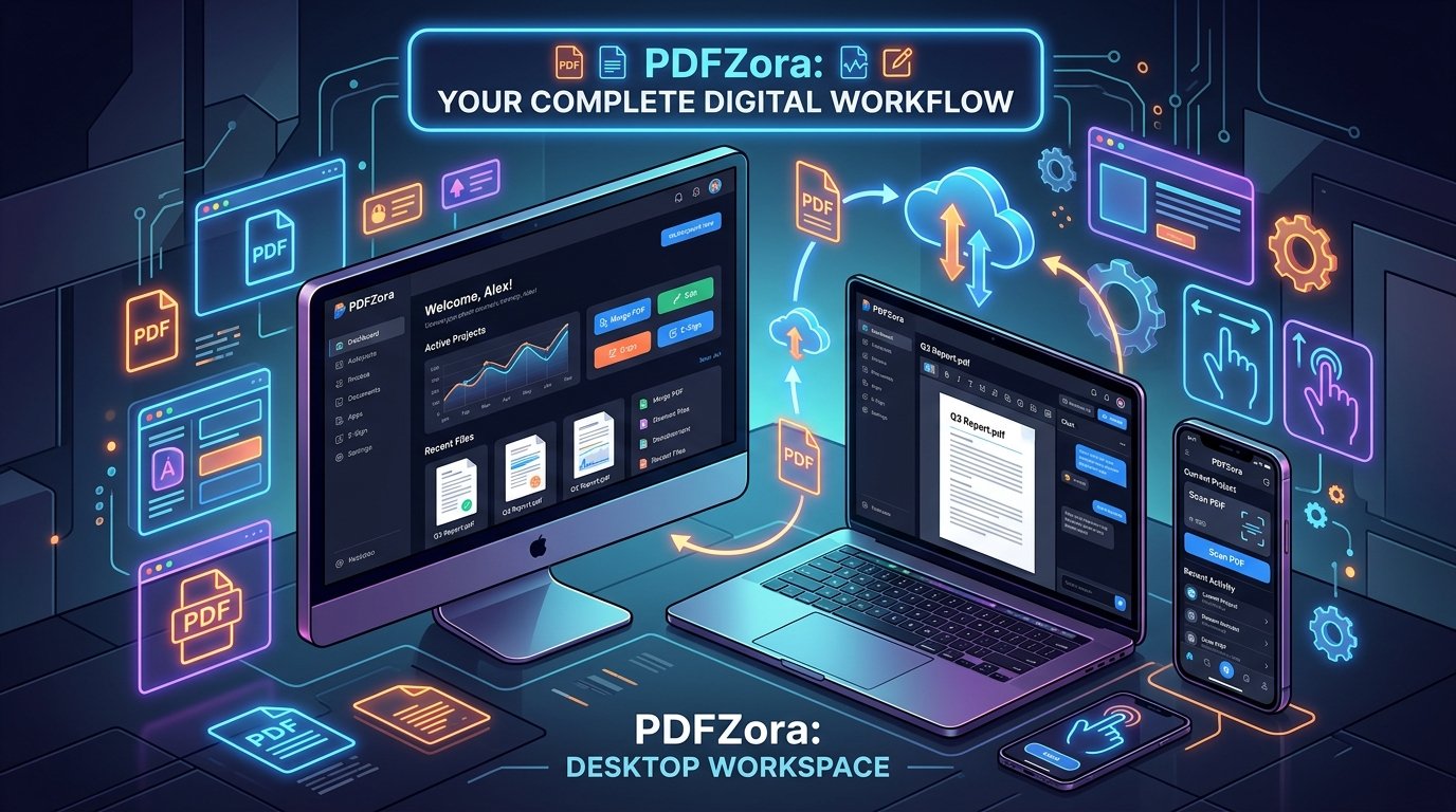 PDFZora Web, Desktop, or Mobile – Which Platform Is Right for You? – hero illustration showing desktop workspace, laptop, and mobile devices