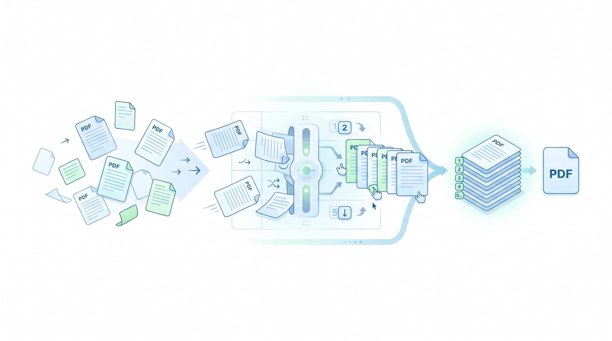 Illustration of scattered PDF pages being sorted, numbered and stacked into one organized PDF file