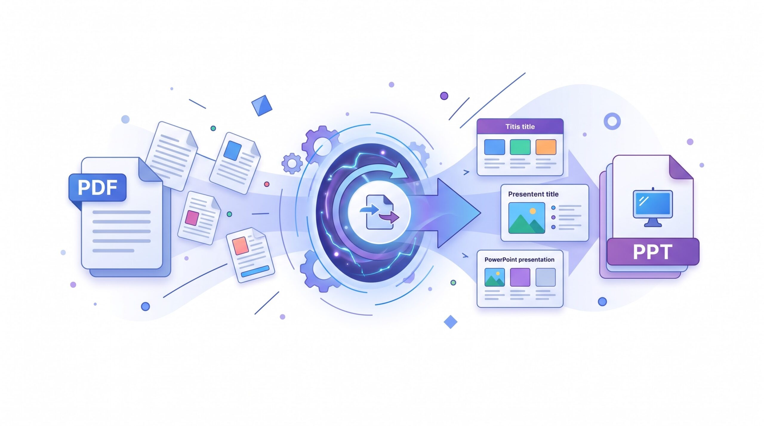Illustration of a PDF document converting into a PowerPoint presentation