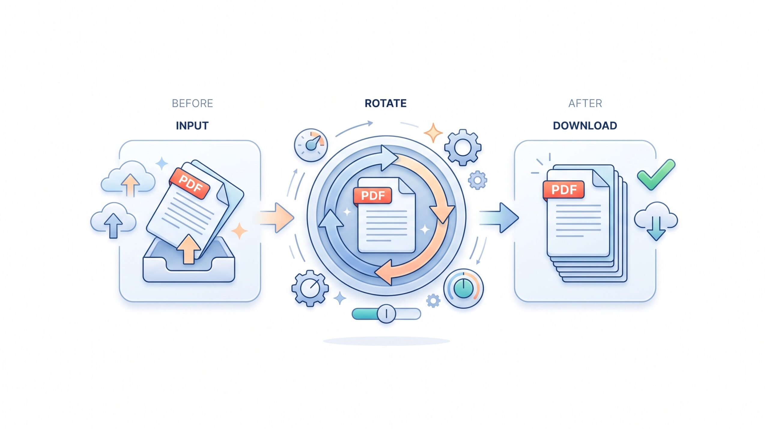 Illustration showing the process of uploading, rotating, and downloading a PDF document