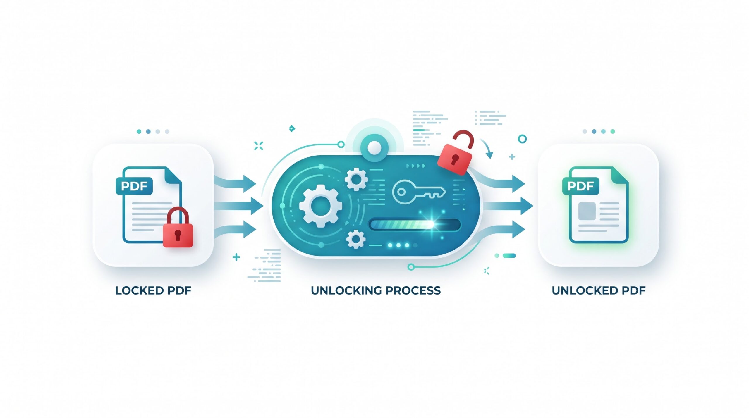 Locked PDF with a red padlock passing through an unlocking process with a key and gears, coming out as an unlocked PDF