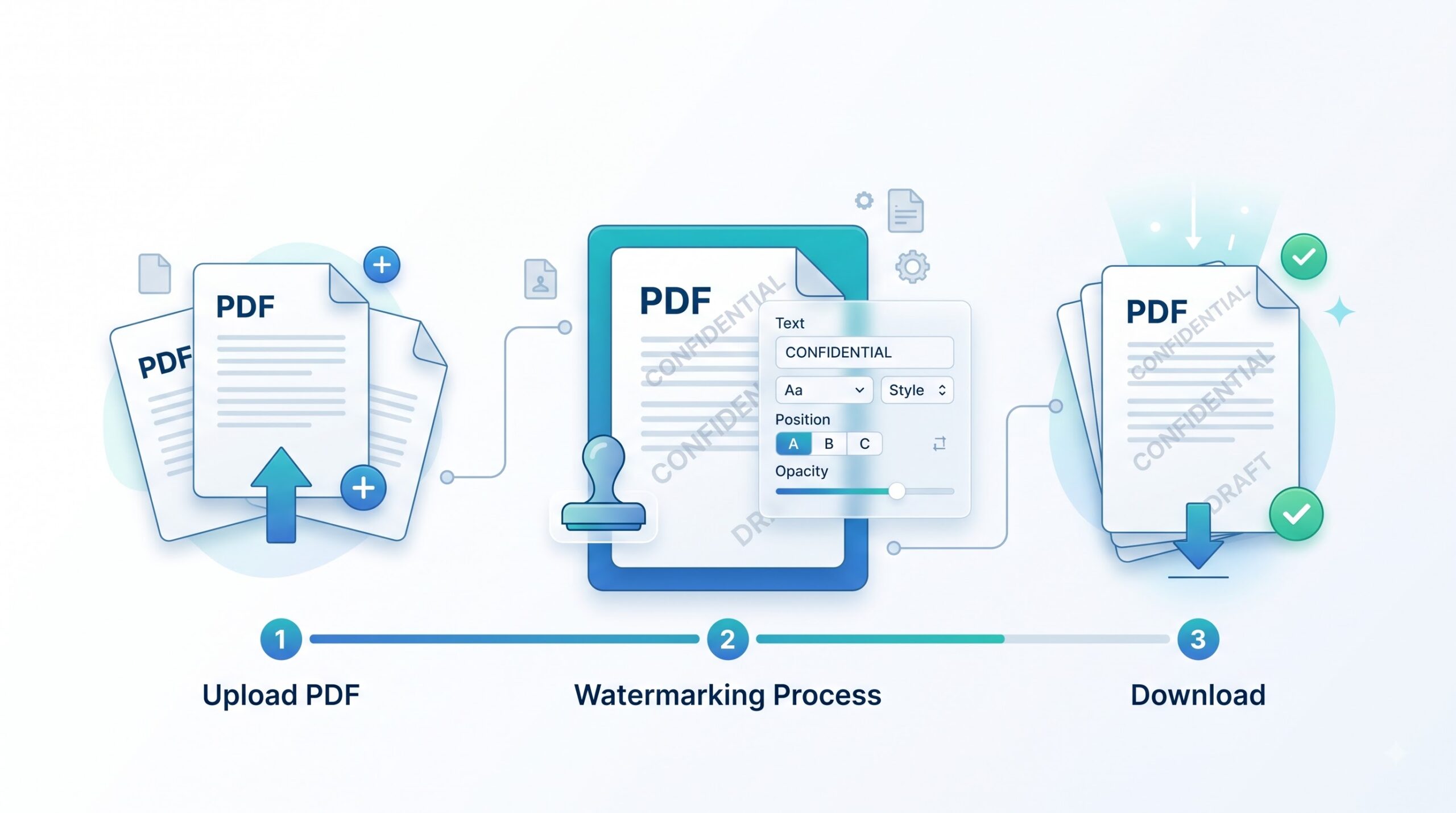 Upload a PDF, customize a CONFIDENTIAL text watermark, and download the watermarked document