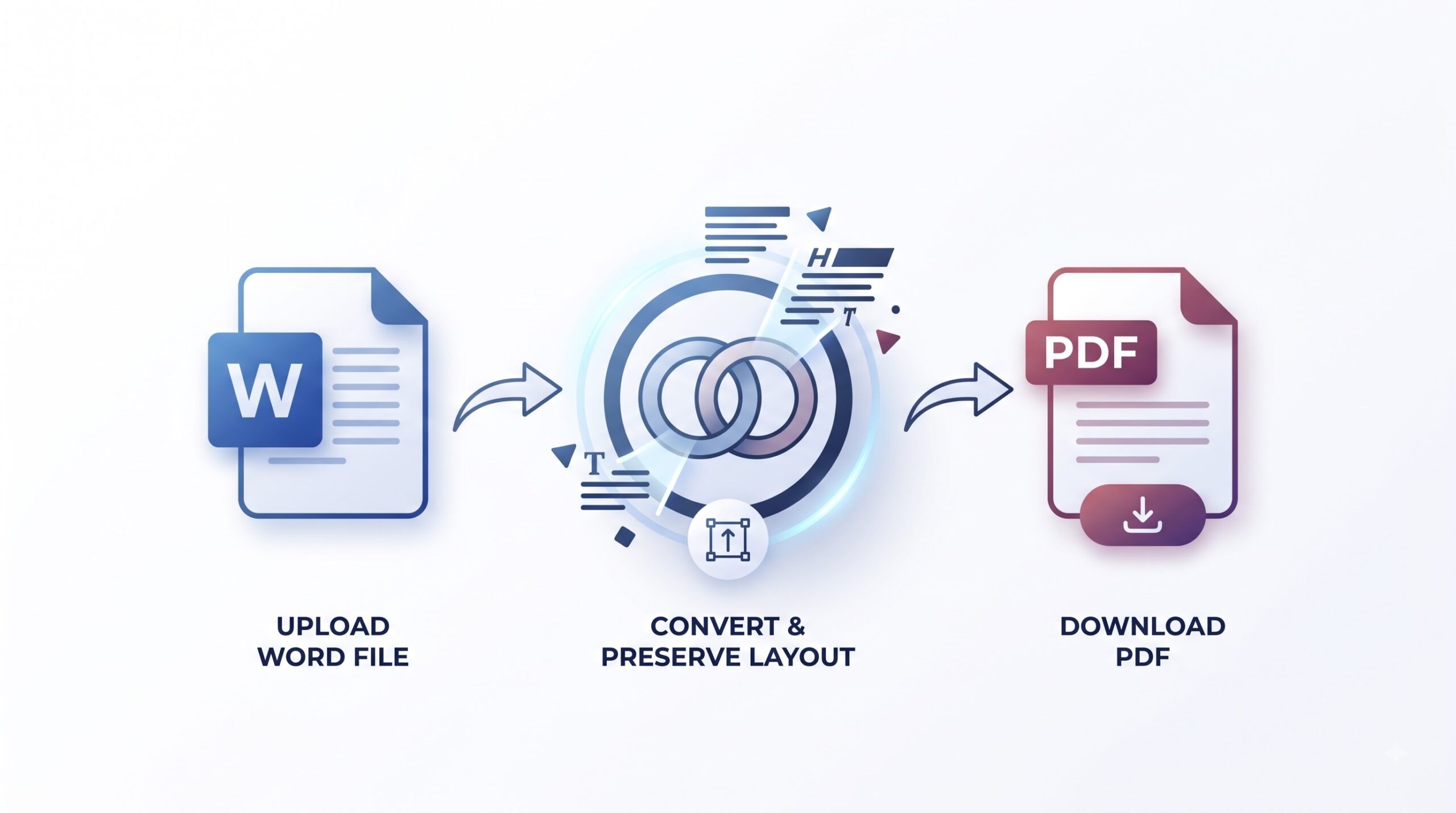 Word to PDF process: upload a Word file, convert while preserving the layout, then download the PDF